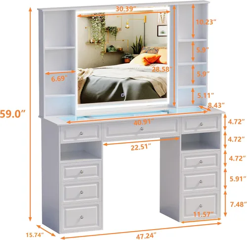 Miniatura 2 de Wildhome Escritorio de tocador de maquillaje con espejo y luces, mesa de tocador grande de 47 pulgadas con 9 cajones y 10 estantes de almacenamiento