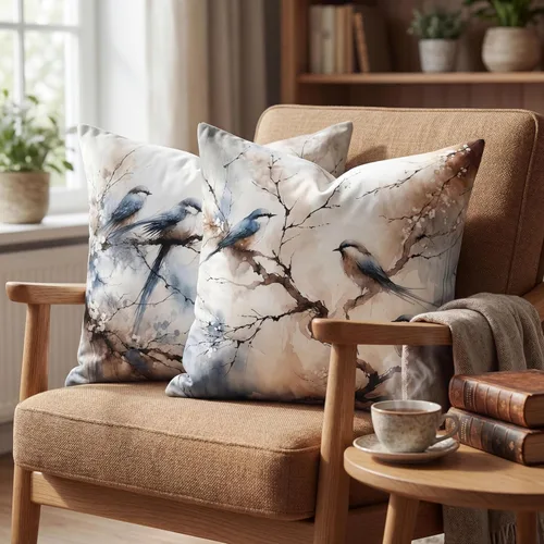 Miniatura 2 de Juego de 2 fundas de almohada decorativas de terciopelo de 18 x 18 pulgadas, estampado de pájaros y ramas en acuarela, felpa suave con acento neutro