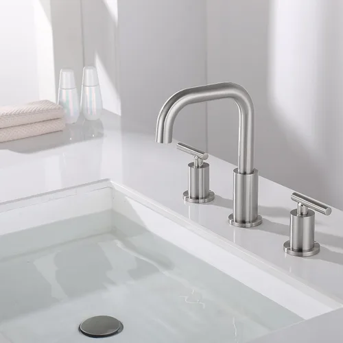 Miniatura 5 de Grifo de baño extendido de níquel cepillado de 8 pulgadas, grifo de baño de 2 manijas y 3 agujeros con desagüe de lavabo y manguera de suministro