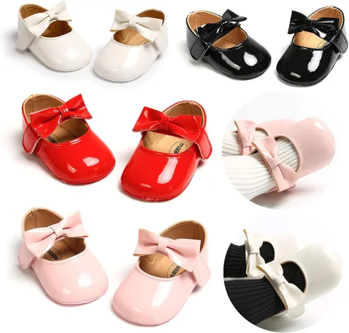 Miniatura 2 de myppgg Mary Jane - Zapatos planos brillantes con lazo y lazo de princesa, zapatos de cuna antideslizantes para niños pequeños que caminan