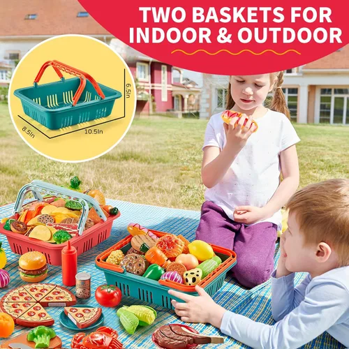 Miniatura 5 de Juegos de comida de simulación para cocina de niños - 80 piezas de alimentos de simulación con 2 cestas de picnic para niños, alimentos de juguete