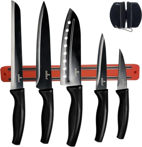 Miniatura 11 de SiliSlick Juego de cuchillos de cocina, cuchillas recubiertas de titanio arcoíris, 5 cuchillos aptos para lavavajillas con afilador y estante de All