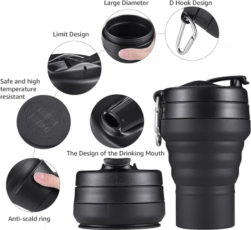 Miniatura 4 de Paquete de 2 tazas de café plegables de silicona de 16 onzas, 16.2 fl oz, a prueba de fugas, botella deportiva portátil con tapas para senderismo