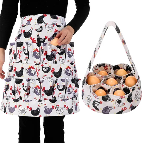 Miniatura 7 de 2 piezas de delantal de recolección de huevos, cesta de recolección de huevos de pollo con 7 bolsas de huevos frescos con 15 bolsillos