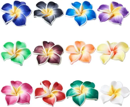 Craftdady 200 cuentas sueltas de arcilla polimérica Plumeria Flower Spacer de 0.472 x 0.315 in, colores mezclados al azar, 5 pétalos, cuentas Flores