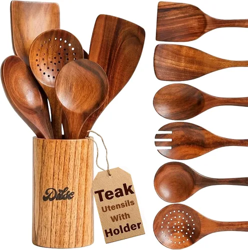 Cucharas de madera para cocinar, juego de utensilios de cocina de madera con soporte de almacenamiento, juego de utensilios de madera de teca,
