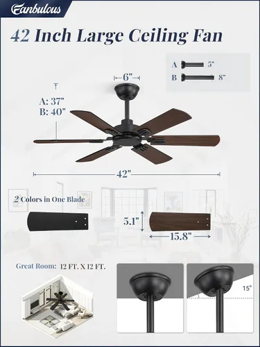 Miniatura 6 de Fanbulous Ventiladores de techo de 42 pulgadas sin luz con control remoto, ventilador de techo moderno sin luz, acabado doble, 6 cuchillas, motor CC