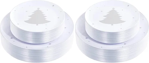 Miniatura 20 de WDF 50 platos de plástico plateados, platos de plástico de Navidad con árbol de Navidad, platos desechables blancos y plateados resistentes