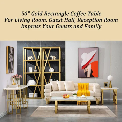 Miniatura 7 de AUZ Mesa auxiliar, mesa rectangular de 50 pulgadas, color blanco y dorado, mesa de té para sala de estar, sala de invitados, sala de recepción Base