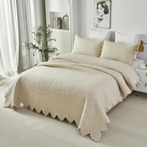 Miniatura 8 de Brandream Juego de ropa de cama de 2 piezas con borde festoneado, tamaño individual, color beige, tamaño individual, tamaño individual