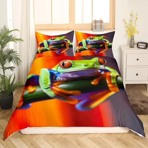 Miniatura 8 de Erosebridal Juego de funda de edredón de rana 3D, tamaño individual, juego de ropa de cama de rana de árbol de ojos rojos, funda de edredón