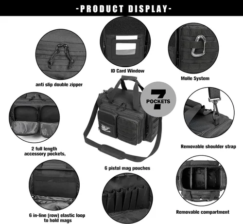 Miniatura 7 de Bolsa para polígono de tiro de pistola táctica para pistolas y municiones, bolsa de lona grande para pistolas, revistas, municiones y accesorios