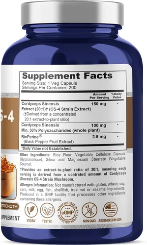 Miniatura 2 de NusaPure Cordyceps Extract 3000 mg 200 cápsulas vegetales (Sinensis CS-4, sin OMG y sin gluten) con bioperina