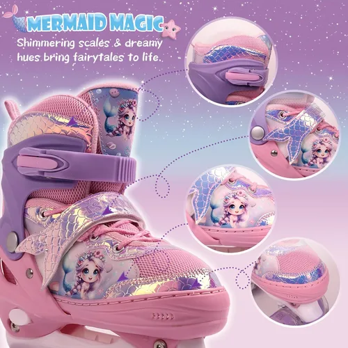Miniatura 5 de Patines de sirena ajustables para niños y niñas con ruedas con luz LED, patines para interiores y exteriores para niños principiantes, juego