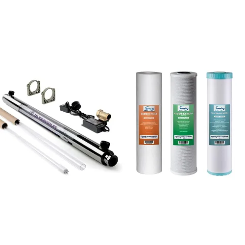 iSpring UVF55FS - Filtro de agua UV para toda la casa y F3WGB32BM - Juego de filtros de agua de 3 etapas de 4.5 x 20 pulgadas, paquete de repuesto