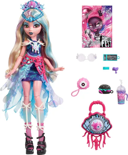 Miniatura 5 de Monster High Muñeca Monster Fest, Lagoona Blue con atuendo glamoroso y accesorios temáticos de festival como aperitivos, póster de banda, bolsa
