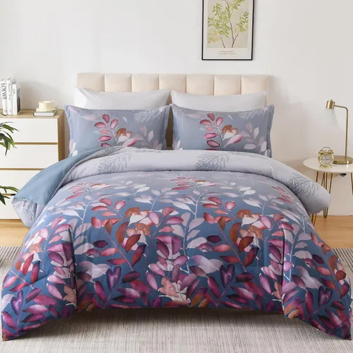 Miniatura 11 de DJY Juego de edredón de color morado, tamaño King, edredón de hojas botánicas para cama King, juego de edredón reversible floral de 3 piezas, juego