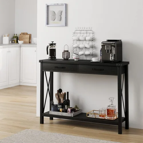 Miniatura 6 de Alkmaar Mesa de entrada de granja, mesa consola negra con cajones, mesa de sofá de madera con almacenamiento, mesa de pasillo para entrada, sala