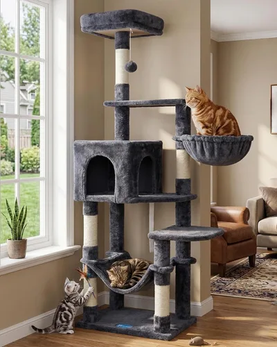 Miniatura 8 de Hey-brother Árbol para gatos con hamaca grande, torre para gatos de varios niveles para gatos de interior, condominio para gatos con postes claro