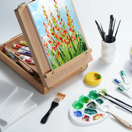 Miniatura 5 de ARTIFY Art Supplies Kit de caballete de mesa con 12 pinturas acrílicas, 13 pinceles, 4 tablas de lona, 2 cuchillos de paleta y paleta de plástico