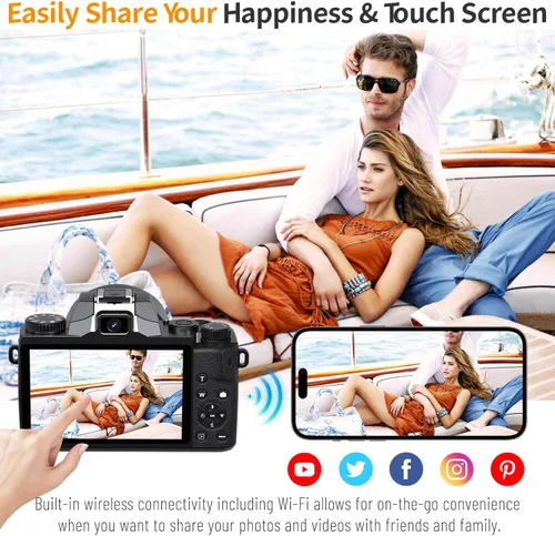 Miniatura 5 de Saneen Cámara digital, cámaras 4K para fotografía, pantalla táctil WiFi de 64 MP con flash, tarjeta de 32 GB, capucha de lente, batería de 3000 mAh