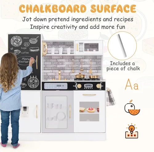 Miniatura 3 de Costzon Juego de Cocina para Niños, Set Grande de Juguete de Cocina de Chef de Madera con Sonidos y Luces Reales, Microondas, Pizarra, Horno, Blanco