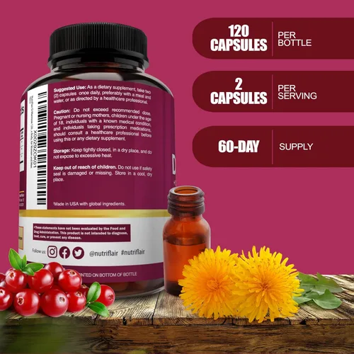 Miniatura 4 de NutriFlair D-Manosa 120 Cápsulas, 1500mg - con Extracto de Arándano y Diente de León - Apoyo Natural para la Salud del Tracto Urinario UTI - El