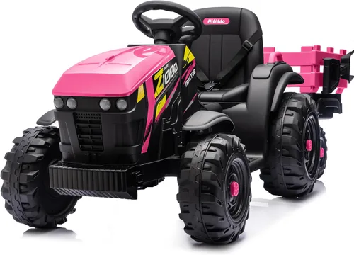 Miniatura 10 de Hikiddo Juguete tractor de paseo para niños de 24 V, tractor eléctrico para niños de 3 a 8 años con remolque, motores de 2 x 200 W, color negro