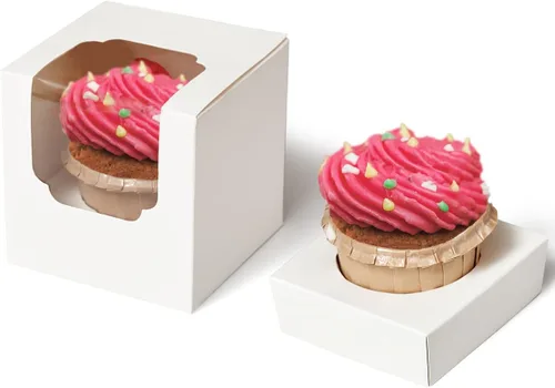 Miniatura 12 de Happyhiram Cajas para cupcakes, 50 unidades, color blanco, individual, soportes de cartón con inserto y ventana para magdalenas, bombas de cacao