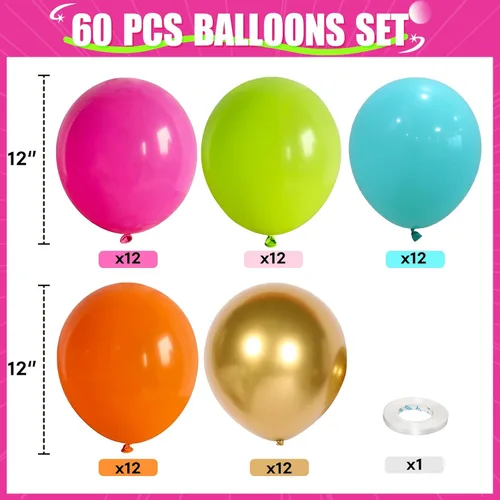 Miniatura 2 de HILAVO - Kit de globos tropicales, 60 globos hawaianos de 12", color rosa intenso, naranja, verde azulado, verde, dorado metálico, globos de látex