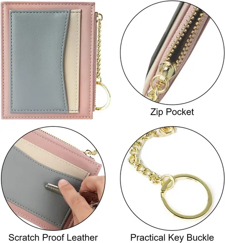 Miniatura 66 de URAQT Cartera para tarjetas de crédito, cartera minimalista de cuero delgado con cremallera, mini protector de tarjeta de crédito, llavero bolsillo