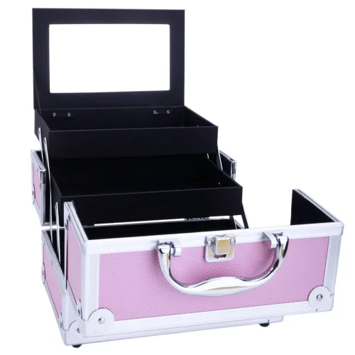 Miniatura 8 de Estuche de tren de maquillaje portátil profesional, estuche de aluminio para maquillaje, joyero, organizador de almacenamiento de cosméticos con Rosa