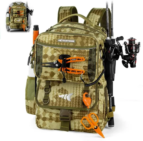 KastKing BaitSpace 50L Mochila para equipo de pesca con encuadernador de cebo removible, 2 soportes para cañas, almacenamiento para equipo y H: