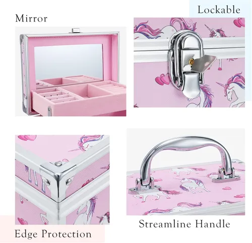 Miniatura 5 de Hododou Joyero para niñas diseño de unicornio rosa organizador con cajón y espejo estuche de almacenamiento con cerradura estilo unicornio