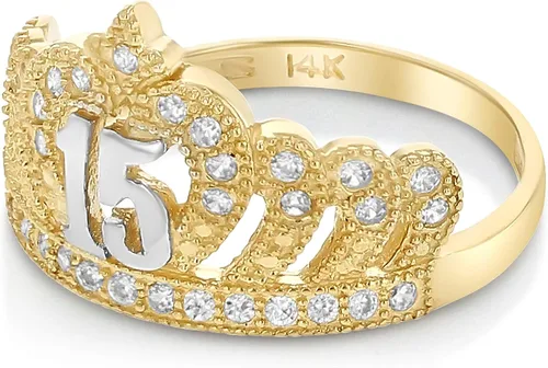 Miniatura 2 de Ioka - Anillo de quinceañera de princesa de 15 años con circonita cúbica de oro macizo de 14 quilates