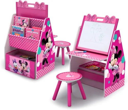 Delta Children Mesa de arte de lujo para niños | Caballete, escritorio, taburete, organizador de juguetes, Minnie Mouse de Disney