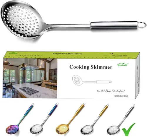 Berglander Skimmer, Colador de acero inoxidable, Espumador de cocina, Cucharas ranuradas, Para cocinar, Cuchara colador, Cocina de metal 5. Plata