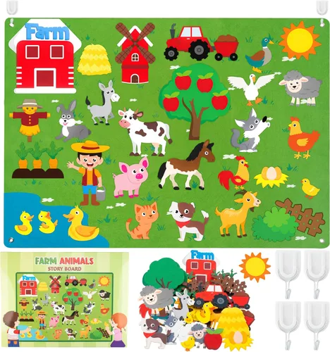 WATINC Juego de tablas de fieltro de animales de granja para niños pequeños, 38 piezas de 3.5 pies de franela preescolar narración de historias,