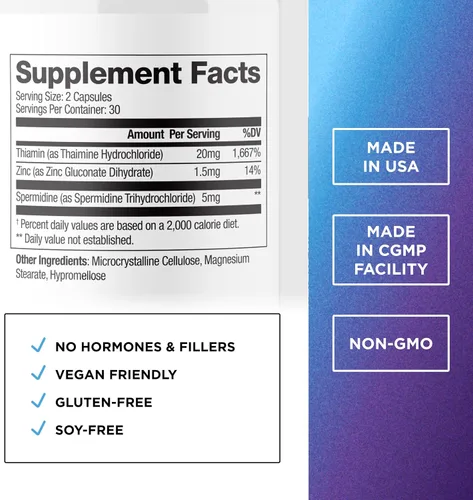 Miniatura 2 de DR. EMIL NUTRITION Suplementos de espermidina de 5 mg para hombres y mujeres Suplemento para el envejecimiento Espermidina pura 3HCL y tiamina