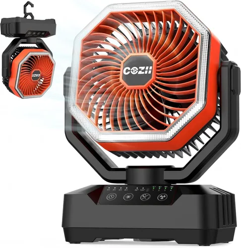 COZII Ventilador portátil recargable, ventilador de batería de 20000 mAh de hasta 70 horas de funcionamiento, ventilador de campamento con luz LED,
