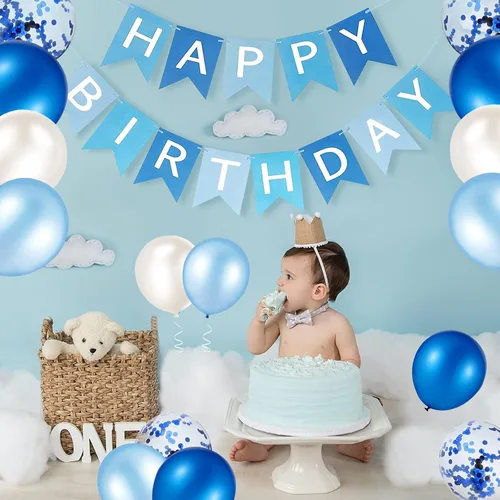 Miniatura 6 de Cartel de feliz cumpleaños, banderines, globos de fiesta azul bebé, confeti, globos de látex, pancartas de fiesta para niños y niñas, decoraciones