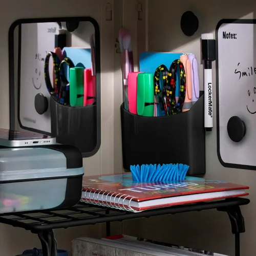 Miniatura 7 de LockerMate Kit organizador de casillero de 7 piezas, incluye estante de casillero, espejo, pizarra blanca, taza de almacenamiento y marcador de Negro