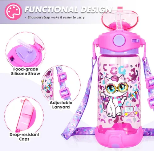 Miniatura 2 de Botella de agua para niños con pajita/cordón para niños de la escuela, niños y niñas, 22 oz / 650 ml, sin BPA, botella de agua para beber