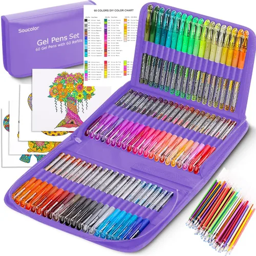 Miniatura 8 de Soucolor Bolígrafos de gel con purpurina para libros de colorear para adultos, suministros escolares de clase de arte, paquete de 120 unidades, 60