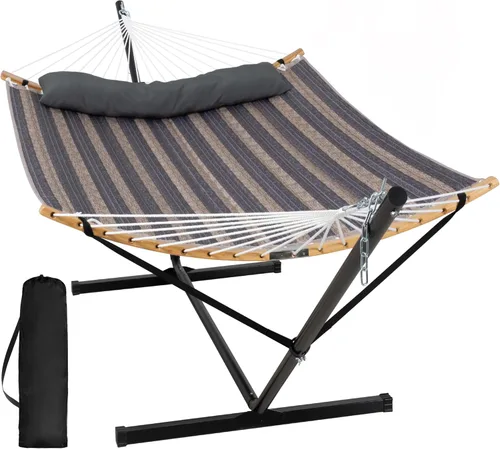 Miniatura 12 de SUNCREAT Hamaca doble con soporte incluido, hamaca portátil con soporte y almohada grande, rayas azules