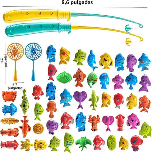 Miniatura 2 de TEMI - Juego de pesca para niños de 3, 4, 5, 6, 7, 8 años, juego de baño con 51 peces para niños pequeños, juguete con caña magnética y red