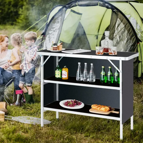 Miniatura 4 de HAPPYGRILL Mesa de campamento plegable con almacenamiento, mesa de picnic de aluminio con estantes de 2 niveles, mesa grande, bolsa de transporte