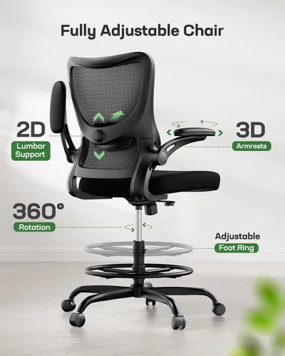Miniatura 4 de Marsail Silla de dibujo, silla de oficina alta con soporte lumbar 2D, silla de escritorio de pie con reposabrazos abatibles acolchados y anillo Negro