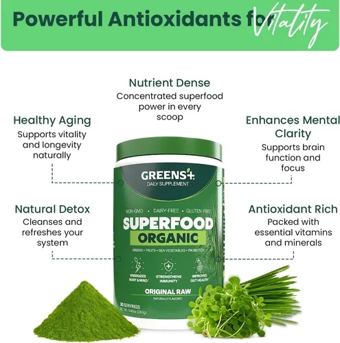 Miniatura 4 de Greens+ Superalimento en polvo orgánico RAW, apoyo inmunológico súper mezcla, patada matutina, impulso de energía, nutrición vibrante salud