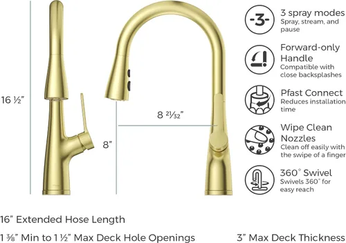 Miniatura 4 de Pfister LG529-NEBG Neera - Grifo de cocina abatible, oro cepillado